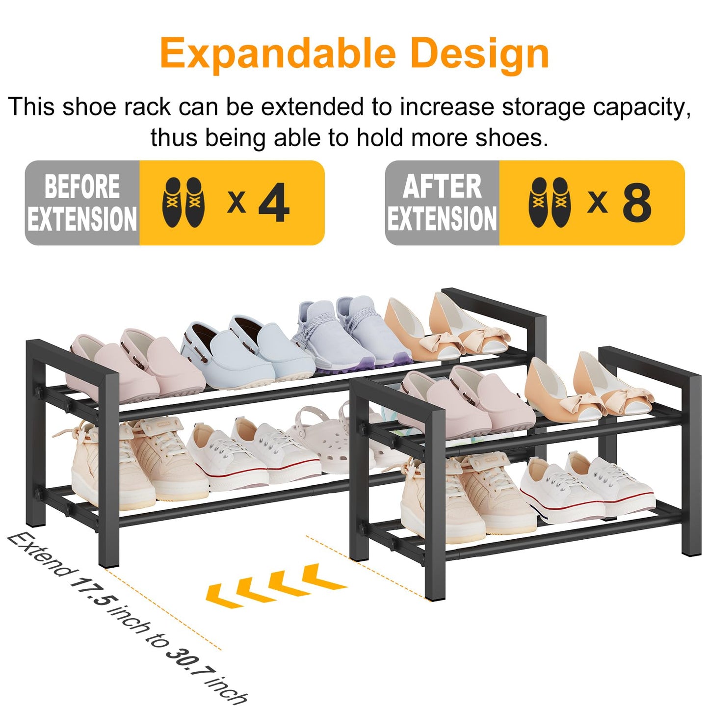 Detsuk 2-Tier Expandable Shoe Rack (17.5"-30.7") – Adjustable Heavy-Duty Metal Shoe Organizer Shelf for Closet, Entryway, Mudroom & Garage – Durable Freestanding Storage, Black