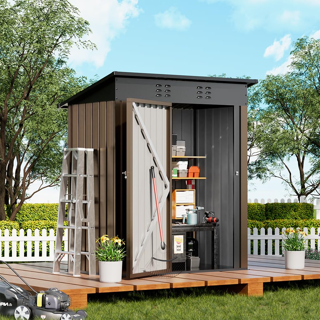 COMHOMA Shed Outdoor Storage Shed Metal,Lockable Doors Tool Sheds with Sloping Roof,Steel Garden Shed with Air Vent for Backyard,Patio,Lawn,Poolside(Brown,5'*3')