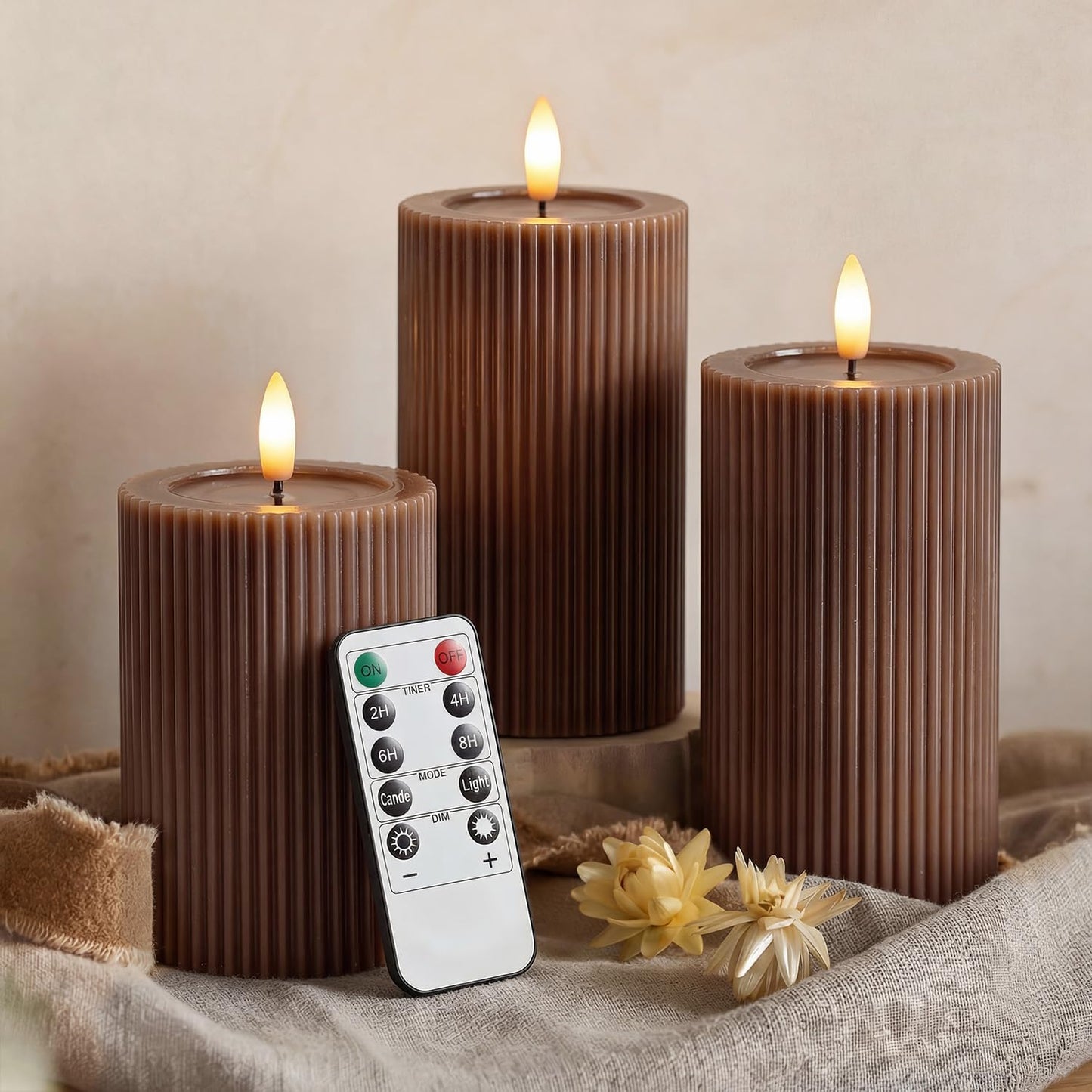 WYZworks Fluted Ribbed LED Pillar Candles, Brown, with Realistic Reflective Melted-Wax Effect – Flickering Flame, Remote, Dimmable, Flameless, Battery Operated, Home & Wedding Decor (Set of 3)