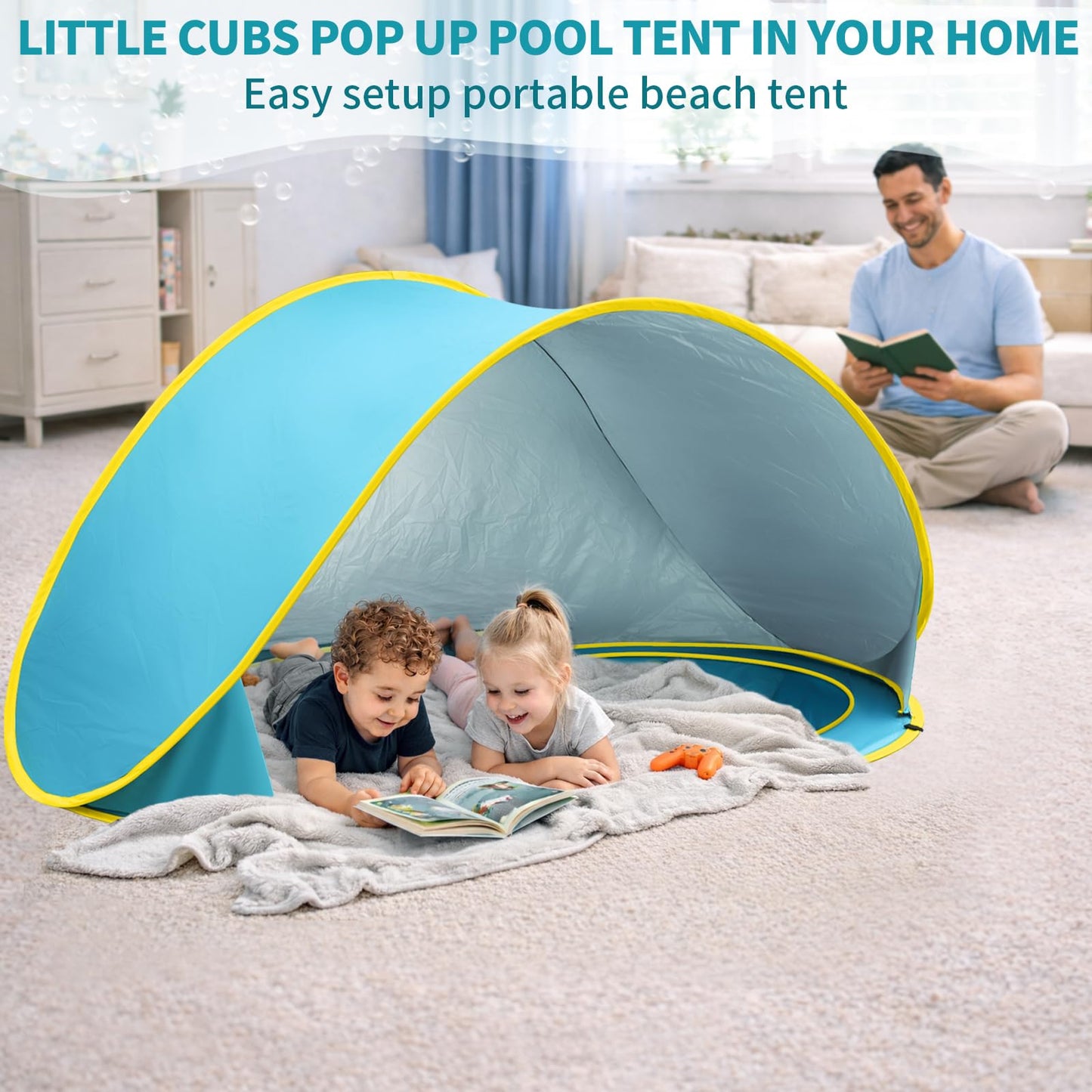 QTREE intelligence 2-IN-1 Baby Beach Tent with 2 Pool for 2 kids,74.8*41.7*35.4 inch UV Protection Sun Shelter Pop Up Play Canopy, Easy setup portable tent for Beach,Camping,Picnic,Poolside,Indoor