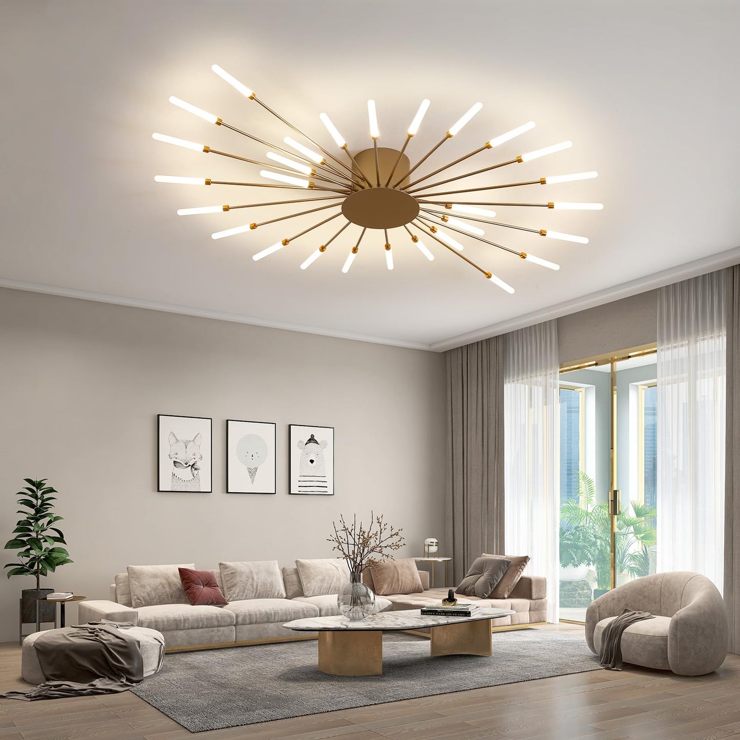 JAYMP 41.3" Ceiling Light Modern Flower Shape Ceiling Lamp for Dining Room Kitchen Hallway Flush Mount Metal Acrylic Sputnik Firework Petal LED Lighting Fixture (Matte Gold, 28 Lights)