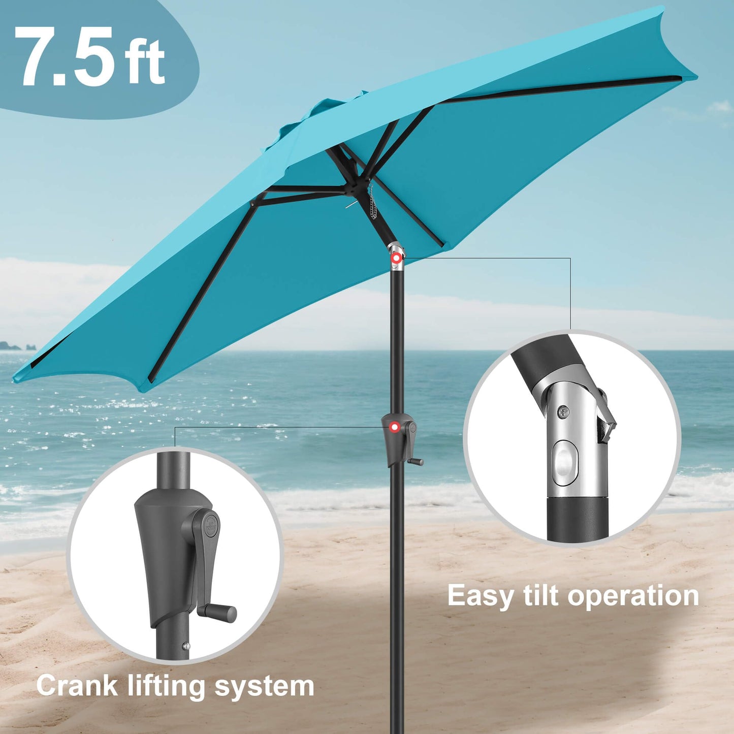FLAME&SHADE 7.5ft Patio Umbrella - Outdoor Umbrella with Push Button Tilt and Crank for UV Protection, Table Market Umbrella for Garden, Deck, Backyard, Pool and Beach(Aqua Blue)
