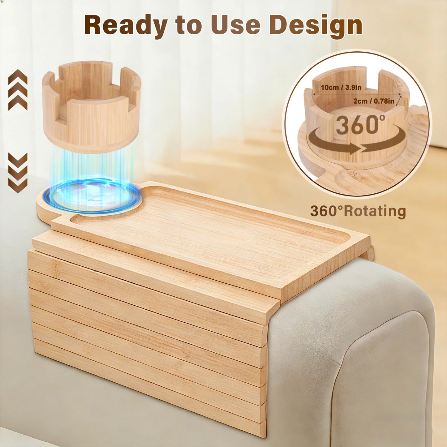 Couch Cup Holder Tray, 3-in-1 Bamboo Couch Armrest Table with 360° Rotating Magnetic and Detachable Phone Holder Stand, Foldable Anti-Slip Sofa Arm Tray for Remote, Phone, Snacks and Drinks