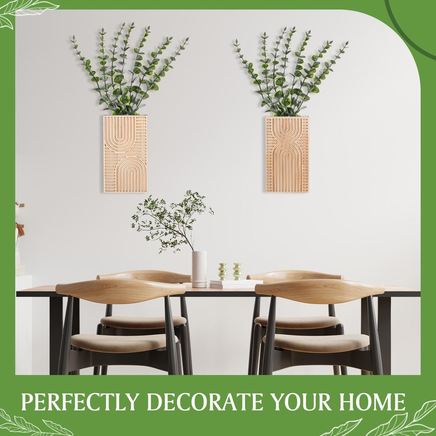 Ninehaoou 2 Pack Modern Farmhouse Wall Decor Wood Planter Vase with Artificial Eucalyptus Farmhouse Bohemian Hanging Wall Decor for Bathroom Dinning Room Living Room Hallway Bedroom(Brown)