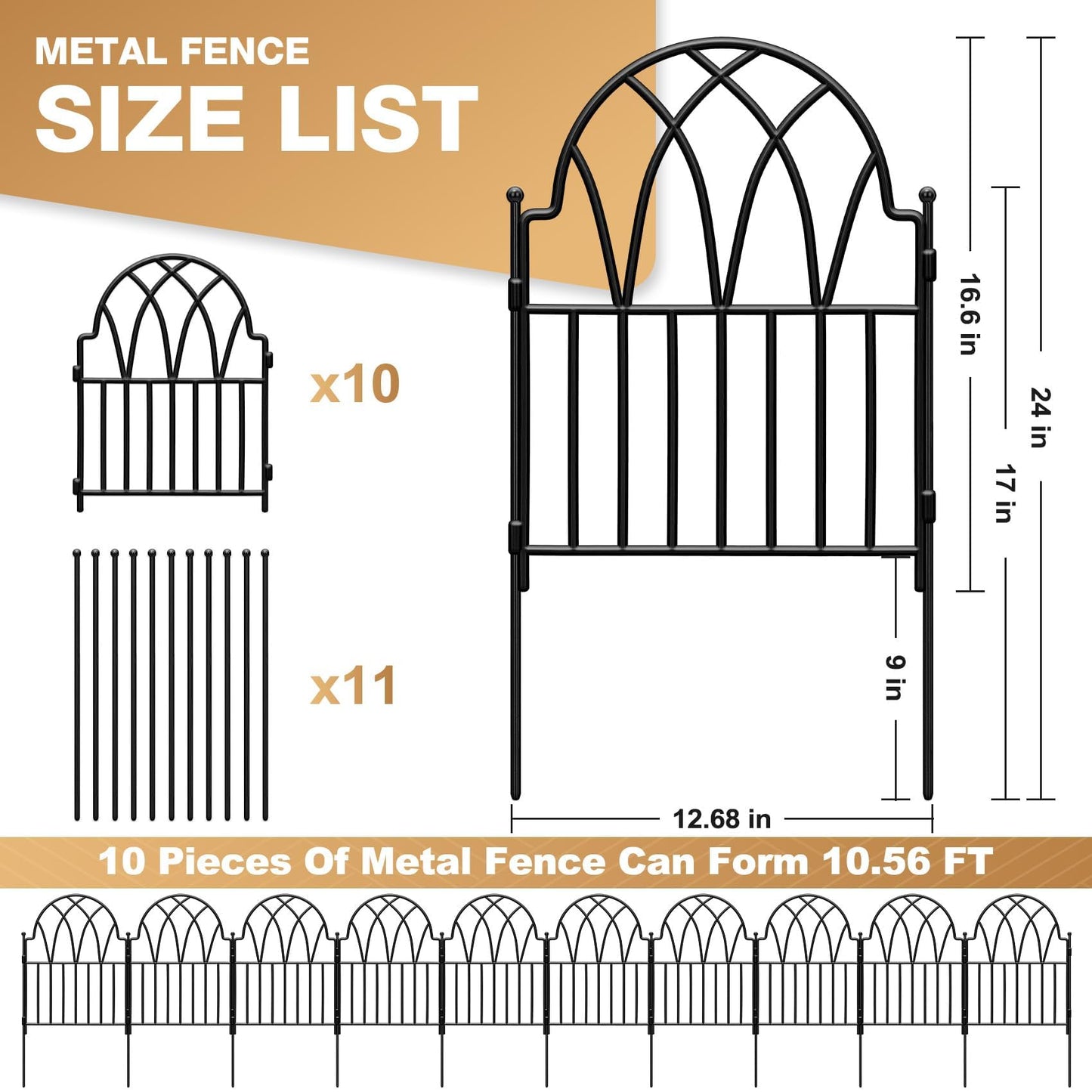 LATIHUUM Garden Fence - 24 in(H) x 10.56ft(L) Arched Metal Fence Panel No Dig Fence, Ground Stake Animal Barrier Fence for Dog, Flower Bed Edging Wire Border Panel Fencing for Yard Patio Outdoor Decor