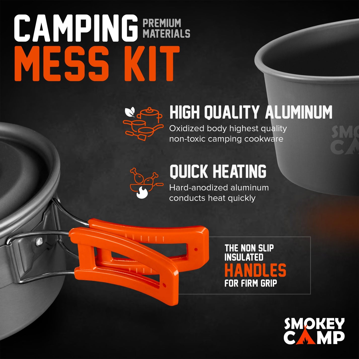 10 Pcs Smokey Camp Backpacking Cooking Set with Stove & Adapter - 2 Pots Large Medium 1 Kettle 1 Large Pan 1 Stove 2 Adpater, Compact Non-Stick Camping Cookware Mess Kit, All in One (with Kettle)