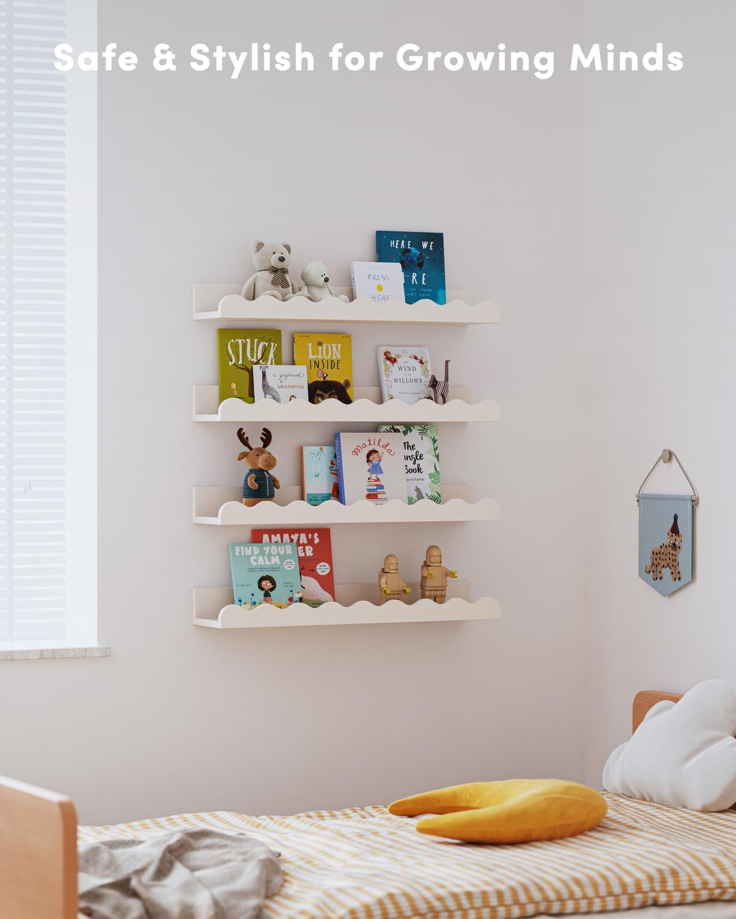 Seocry Kids' Bookshelf Set of 4 - White Floating Nursery Book Shelves, Picture Ledge Shelf for Wall Decor and Storage - Perfect for Books, Toys, Photo Frames, and Nursery Décor