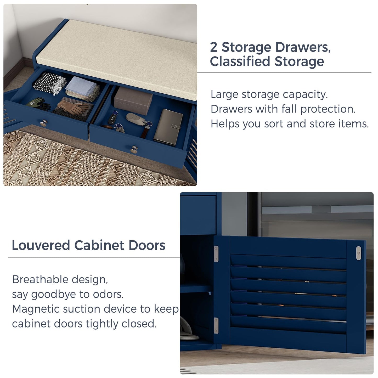 WARMHONIU Shoe Storage Bench with 2 Drawers, Entryway Bench with Cushion, Adjustable Shelves, Shoe Rack Bench with Louvered Doors for Entryway, Bedroom, Hallway, Blue