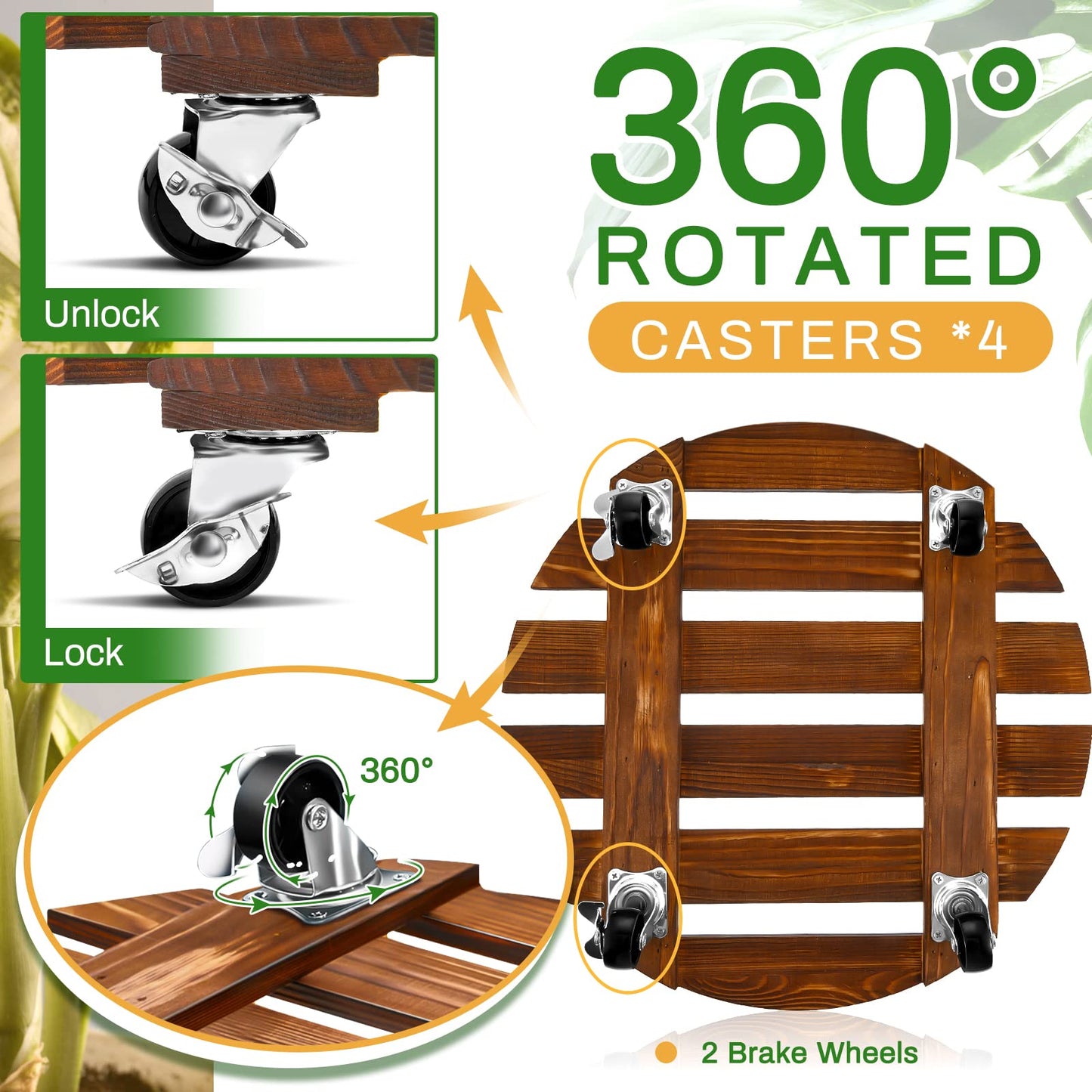 Taiyin 2 Pack 16 Inch Wooden Plant Stand with Lockable Wheels 220 Lbs Heavy Duty Plant Roller with Casters for Outdoor Indoor