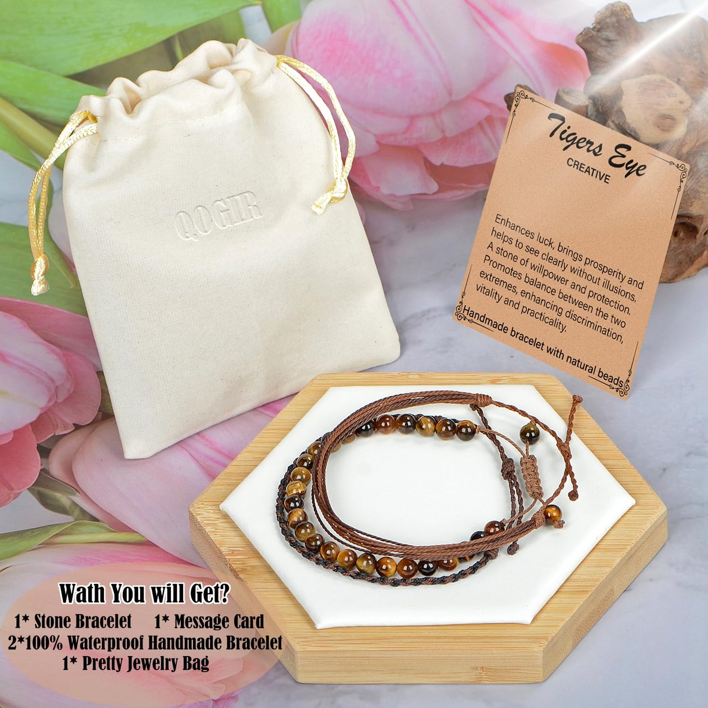 QOGIR Handmade Healing Bracelet,6mm Natural Yellow Tiger Gem Stone Beads Adjustable Bracelet, Courage and Confidence Bracelet