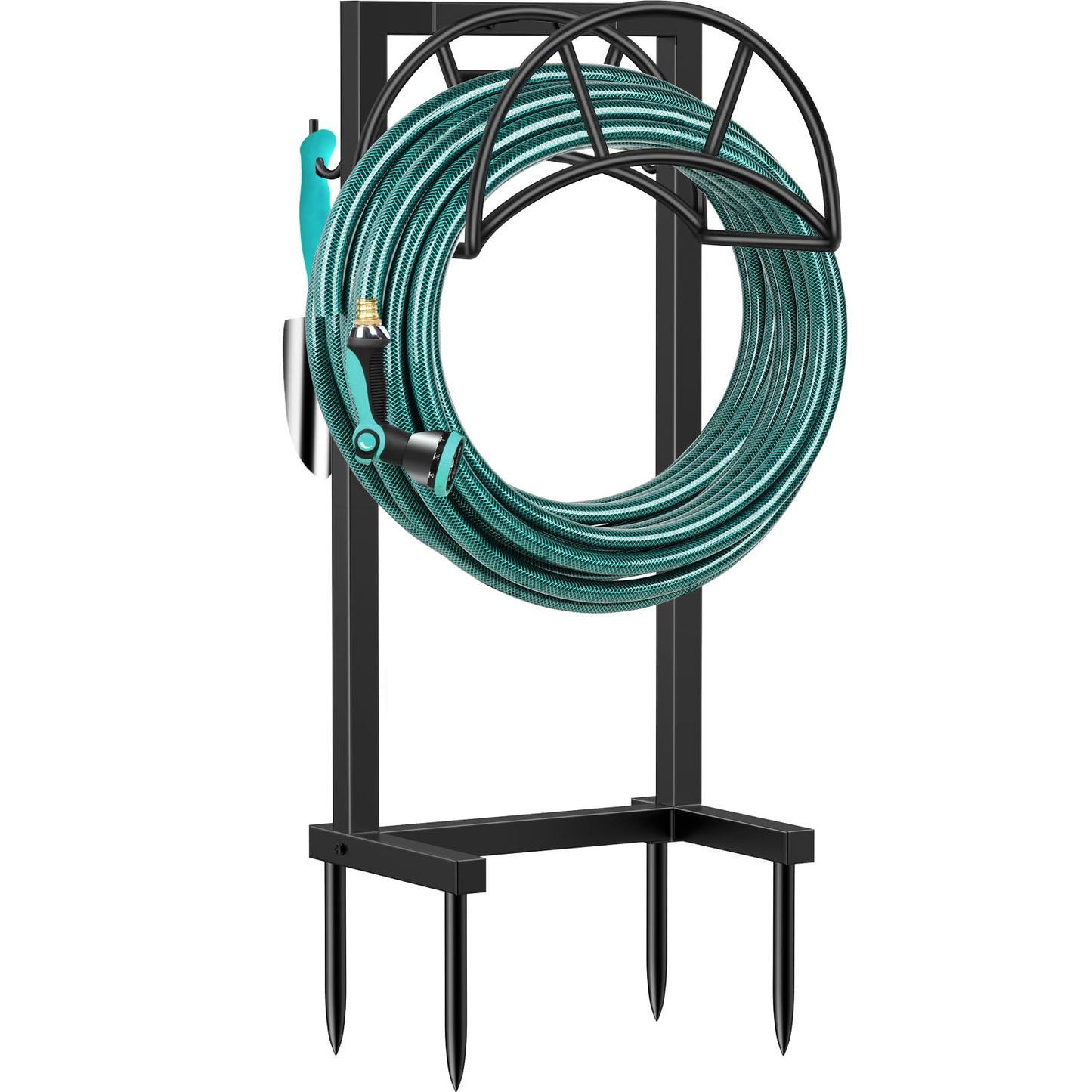 TomCare Garden Hose Holder 4 Spikes Garden Hose Reel Hose Stand Upgraded Water Hose Storage with Tool Hooks Garden Hose Hanger Organizer Holds 160ft Hoses for Outside Yard Lawn, Black