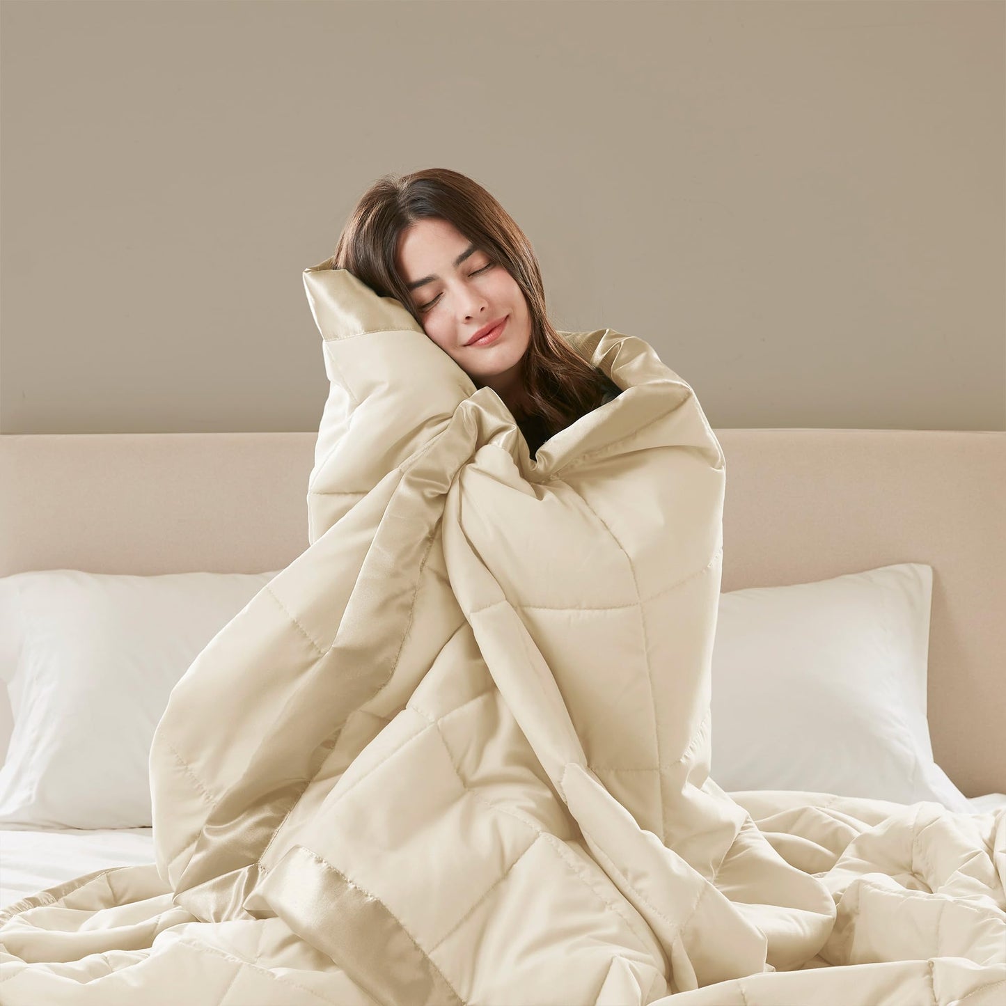 Madison Park Windom Down Alternative Blanket, Premium 3M Scotchgard Moisture Wicking Treatment, Lightweight and Soft Bed Cover For All Season, Satin Trim, Cream Full/Queen