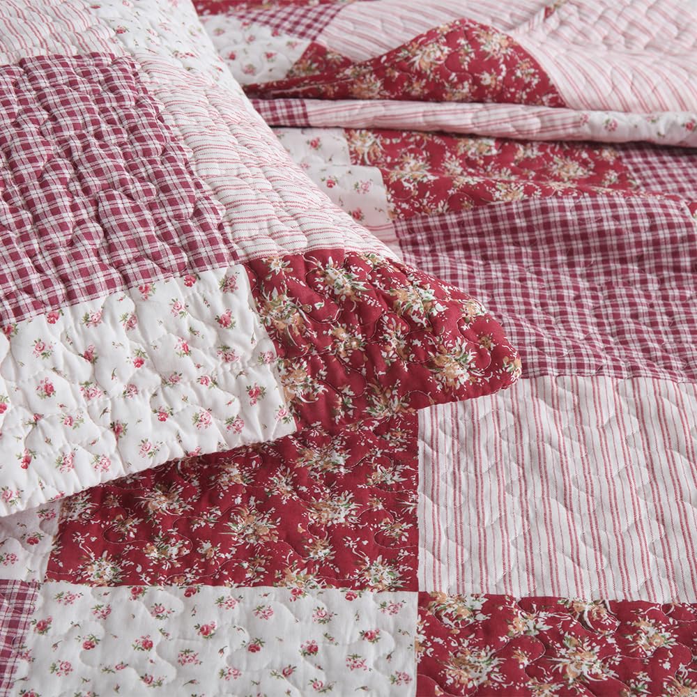 ENASAL Cotton Bedspread Quilt Bedding Sets Reversible Coverlet Sets Comforters Plaid Floral Red White Patchwork Pattern Bedspread for All Season, Queen Size