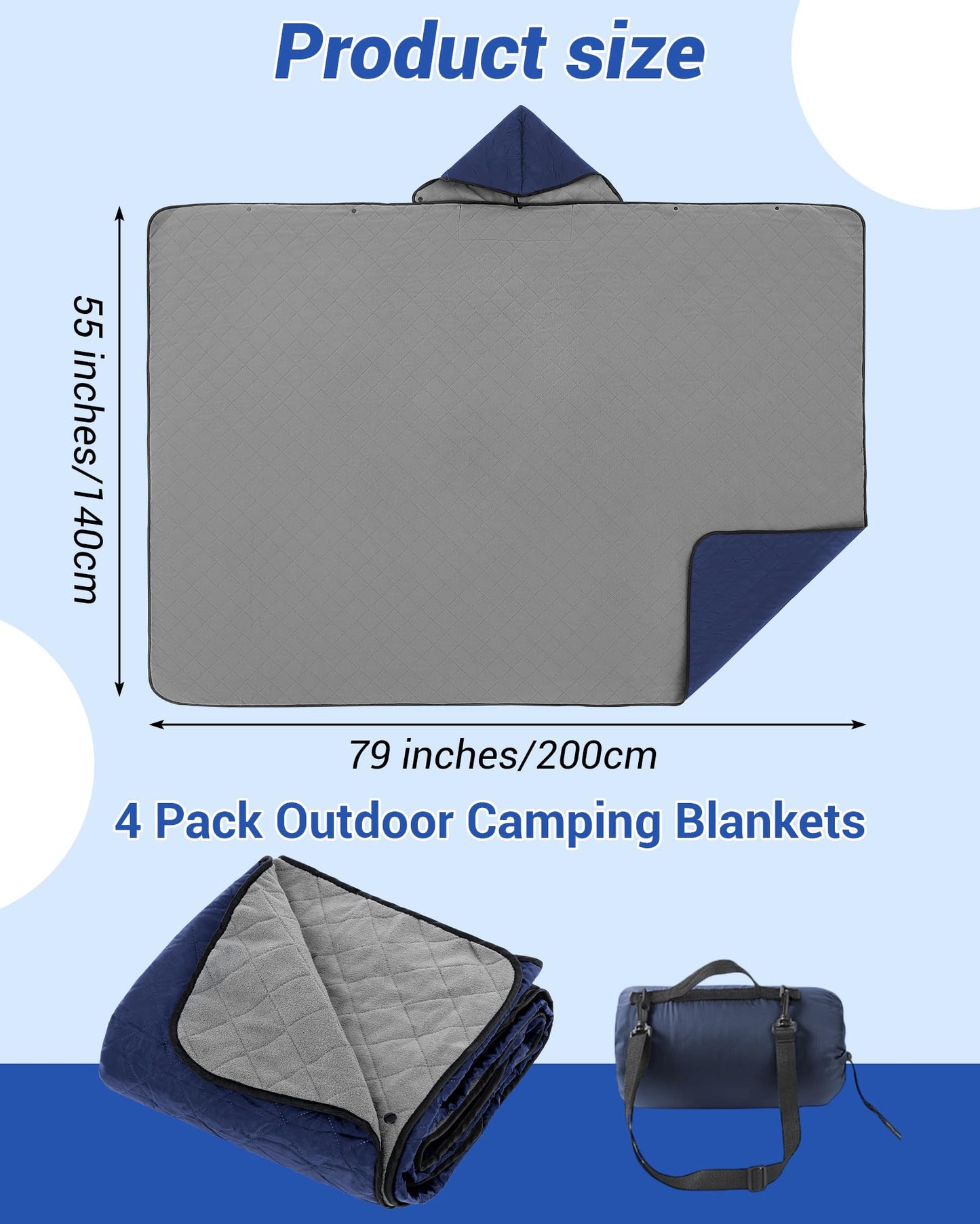 Fanfanwin 4 Pack Outdoor Camping Blanket Bulk - Fleece Waterproof & Foldable Stadium Blanket with Portable Bag for Cold Weather Sports Pet Beach Picnic Stadium Travel Car - 79 * 55inch(Navy Blue)