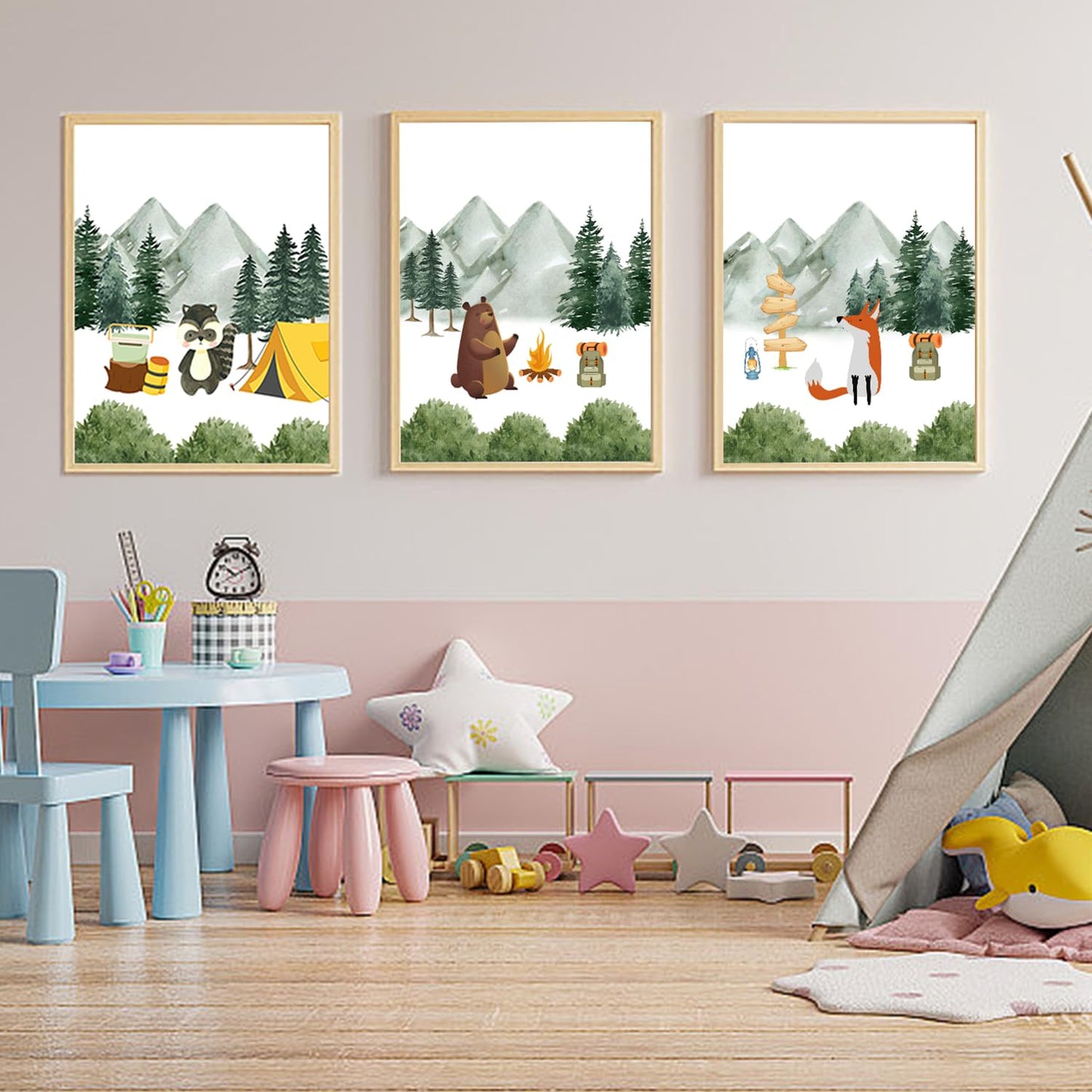 3Pcs Woodland Animal Nursery Canvas wall art Cute Bear Fox Raccoon Poster Print Safari Nursery Wall Decor Forest Animals Camping Campfire pictuer painting Boys Kids Room Home Decoration12*16In Unframed