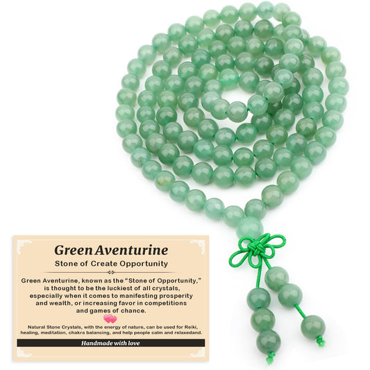 AD Beads 8mm 108 Prayer Mala Green Aventurine Elastic Bracelet - Create Opportunity - Handmade Yoga Meditation Healing Power Energy Gifts for Unisex Adult.