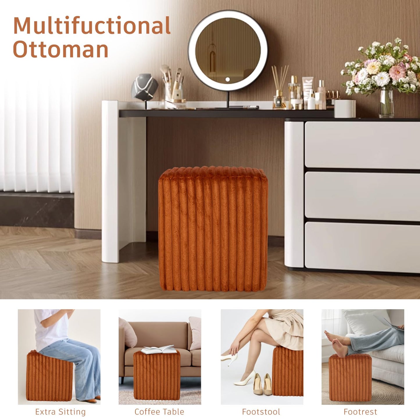 YDcosyfy Modern Square Ottoman, Vertical Channel Tufted Foot Stool Ottoman, Velvet Upholstered Vanity Stool for Makeup, Bedroom, Living Room, Dark Orange
