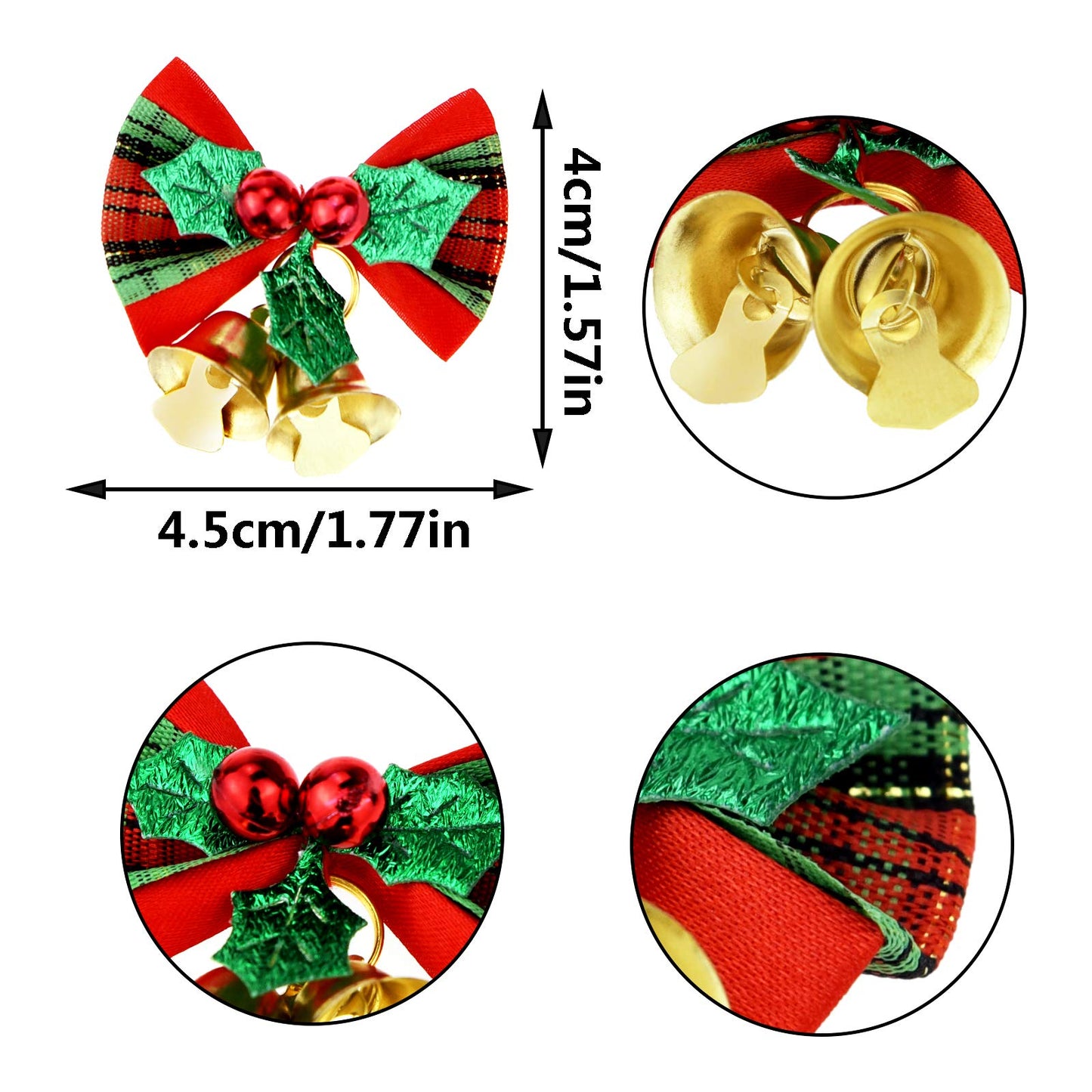 Pistha 20 Pcs Christmas Mini Bow with Bells, 4 Styles - Traditional, Rustic, Whimsical, Minimalist - Red, Green, Gold - Christmas Ornaments