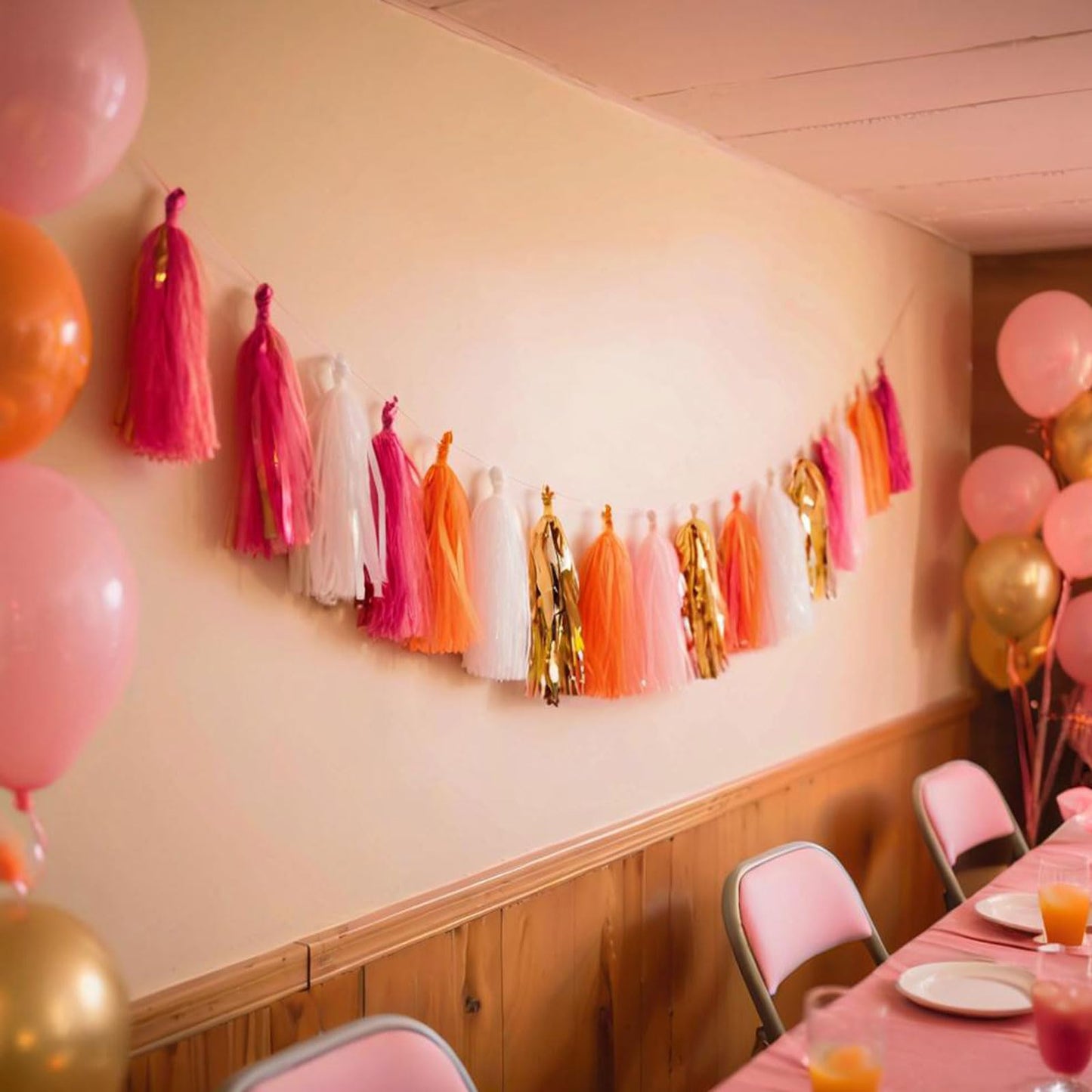 AimtoHome Shiny Tassel Garland Tissue Paper Tassel Banner,Tassels Decorations for Summer Luau Flamingo Girl,Wedding,Pumpkin Birthday Party,Bridal/Baby Shower,Pack of 20 (Hot Pink/Orange/Gold/White)