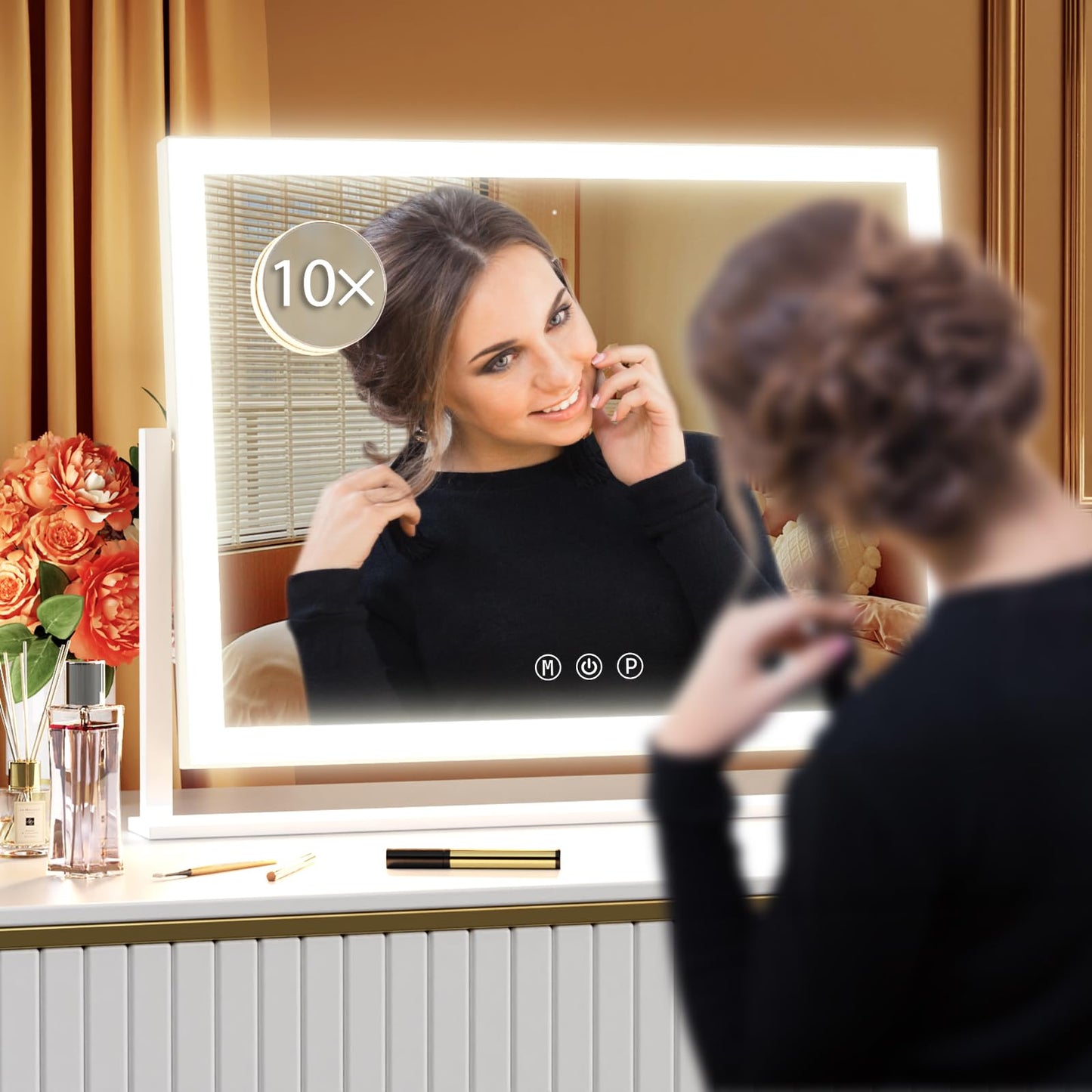Gvnkvn Lighted Makeup Mirror, 17.3"x13" Hollywood Vanity Mirror with Led Lights, Three Color Lighting Modes, and 10X Magnification Mirror, Smart Touch Control, 360°Rotation (White, Gift Box)
