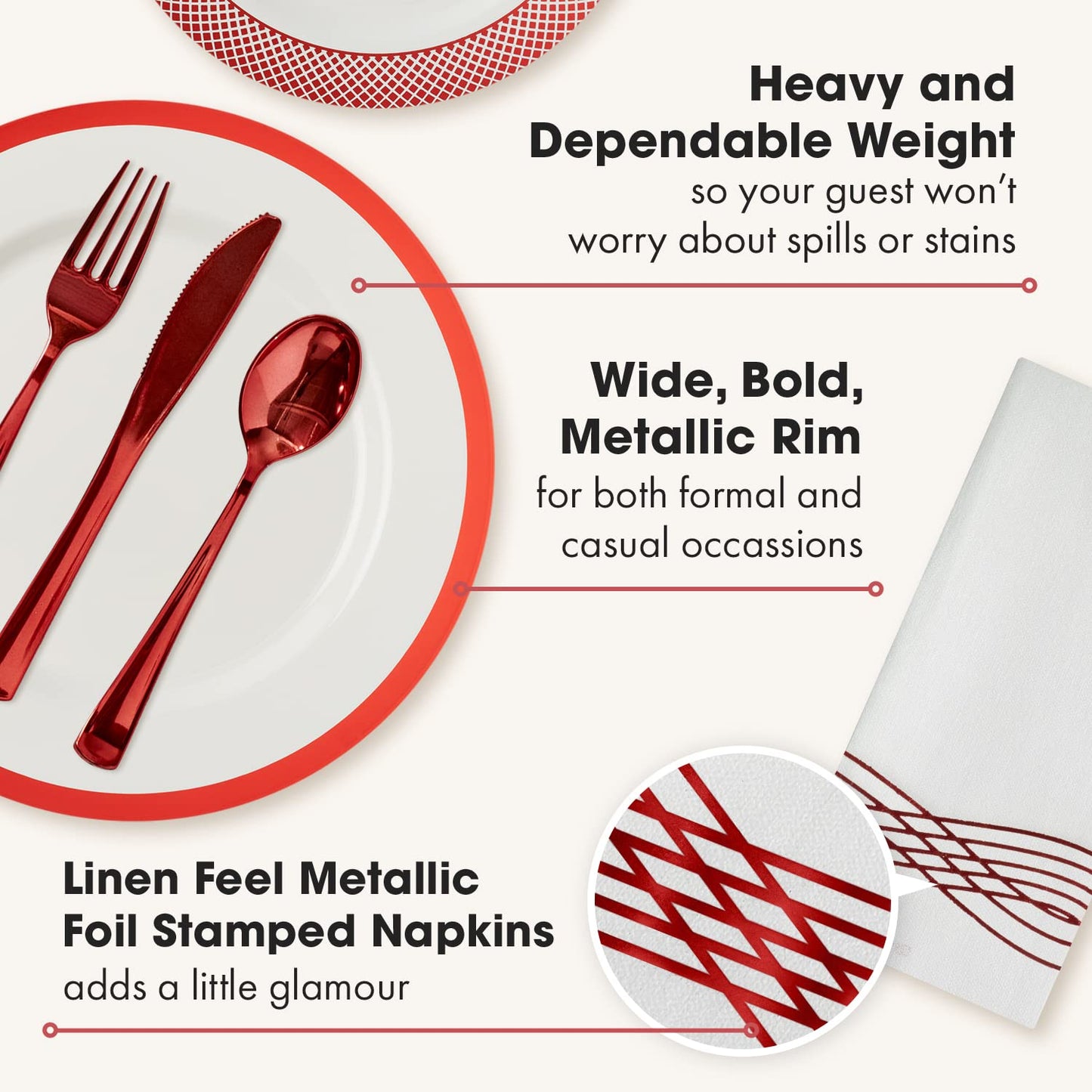 By Madee HEAVYWEIGHT 175 Pc White and Red Disposable Dinnerware Set – Fancy Plastic Plates for Party, Wedding & Bridal Shower (Serves 25)