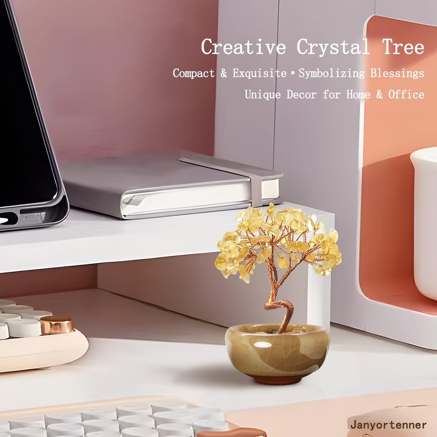 Janyortrenner Mini Citrine Crystal Money Tree,Wealth Home Office Desk Decor,Handmade Copper Wire in Crackle Ceramic Base,Feng Shui Office Gift