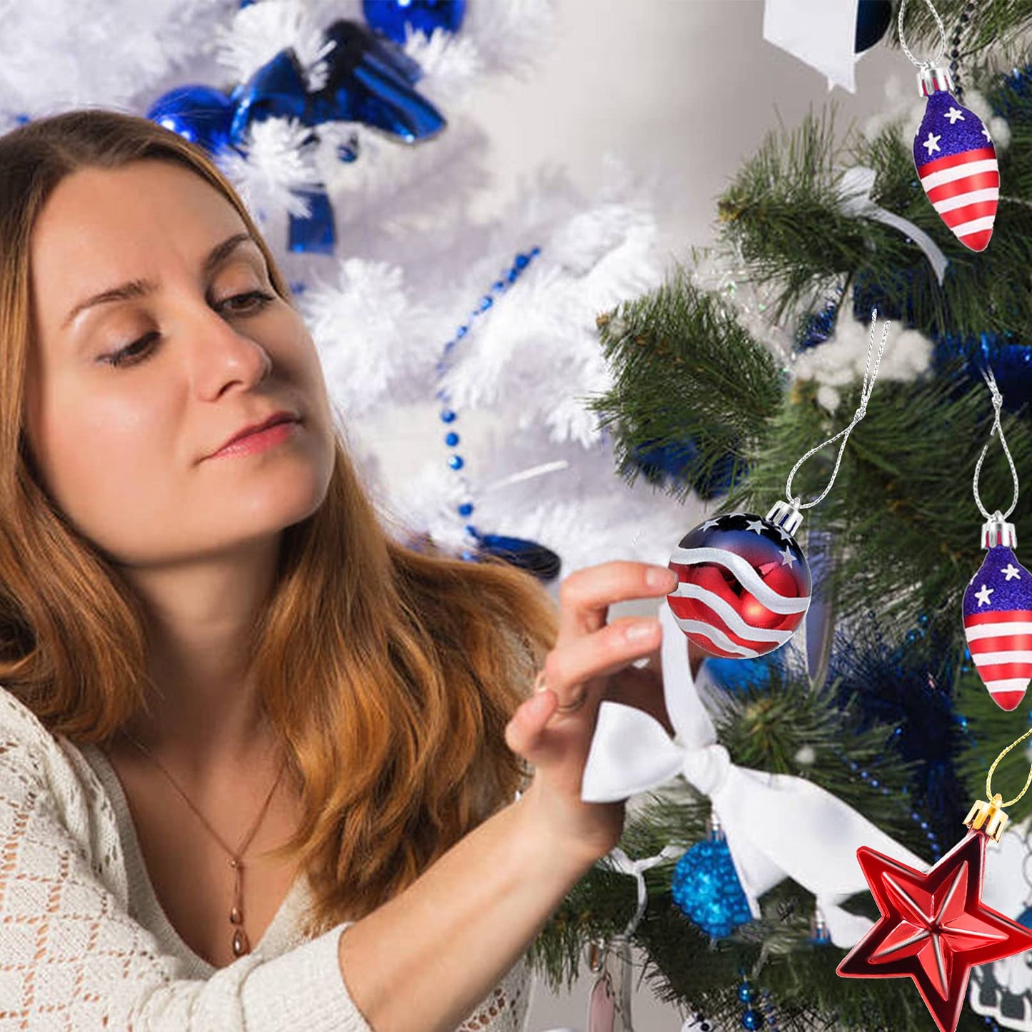 Sfcddtlg 12 Pcs Patriotic Ornaments Hanging Balls- 4th of July Independence Day Tree Ornaments- Red White Blue Stars Balls for Holiday Wedding Veteran Day Tree Decorations