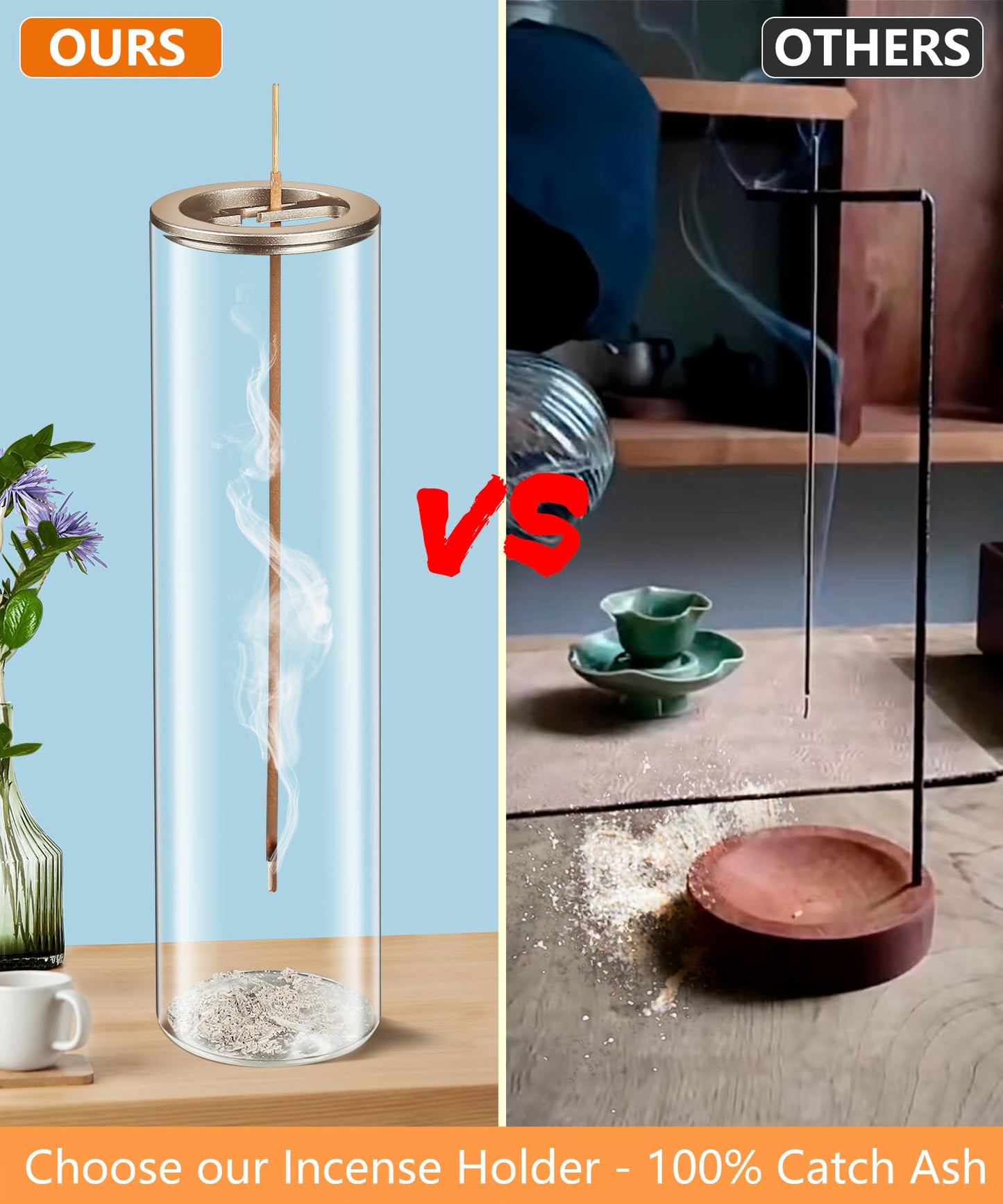 Incense Holder for Sticks [Anti-Ash Flying], Modern Insence-Stick Burner Holder with Removable Glass Ash Catcher, for Home Decor Yoga Meditation