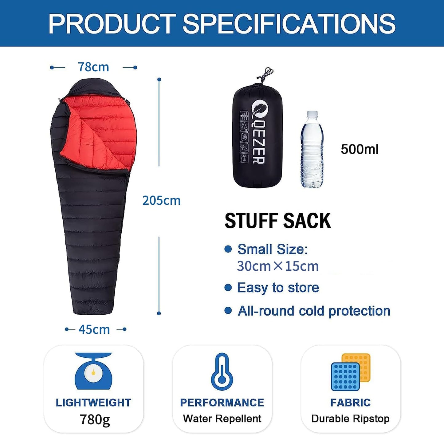 QEZER Ultralight Down Sleeping Bag for Adults 36-61 Degree F with 600 Fill Power, Compact Three Season Sleeping Bag for Backpacking, Hiking and Camping