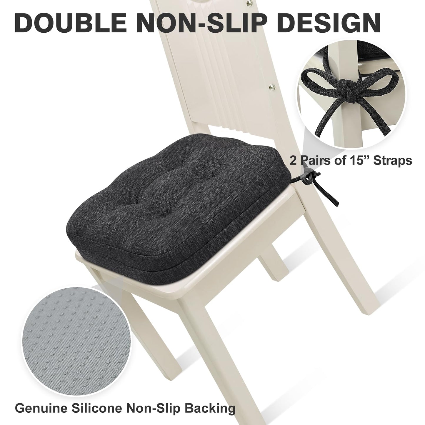 Shinnwa Dining Chair Cushions Set of 2, Dual-Layer Memory Foam Kitchen Chair Cushions, Patented Design Seat Pads with Ties, 16.5 x 16.5 x 3.5in, 2 Pack, Charcoal