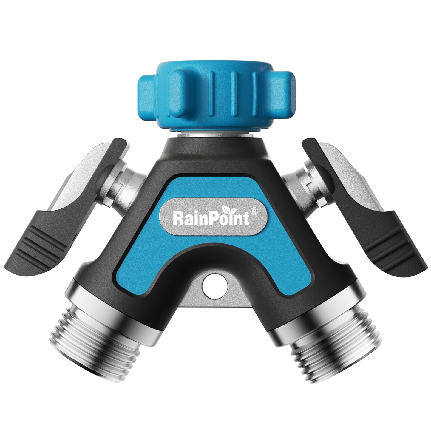 RAINPOINT Garden Hose Splitter 2 Way, All Metal Heavy Duty Water Hose Y Splitter With 2.05" Extra Long Side Handle & Shut Off Valves, 3/4 Inch GHT Thread Connector For Outdoor Spigot Faucet (Blue)