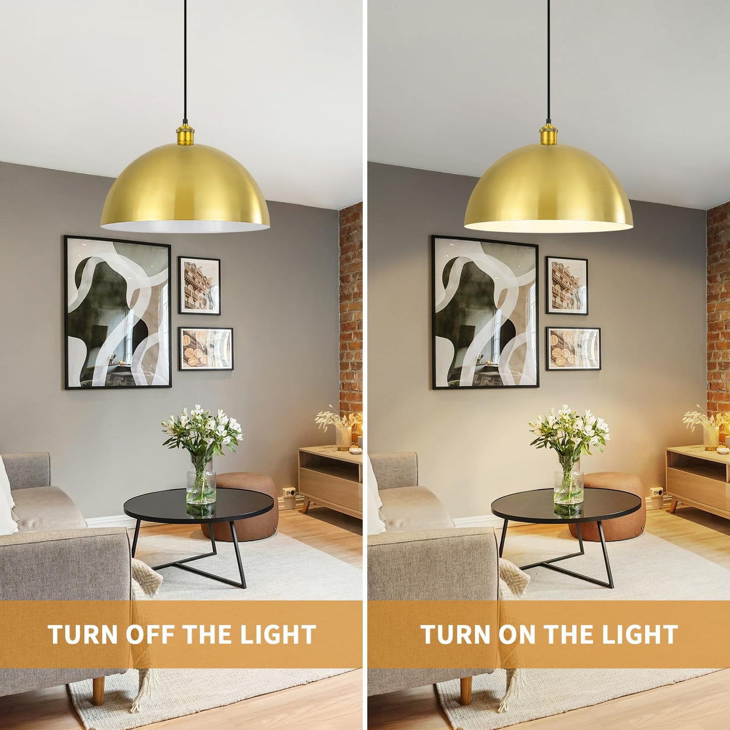 YOGIRL Gold Pendant Light, 16" Farmhouse Ceiling Light with Gold and White, Elegant Semi-Circular Shade Design, Adjustable Height Industrial Dome Pendant Lights for Kitchen Island, Dining Room