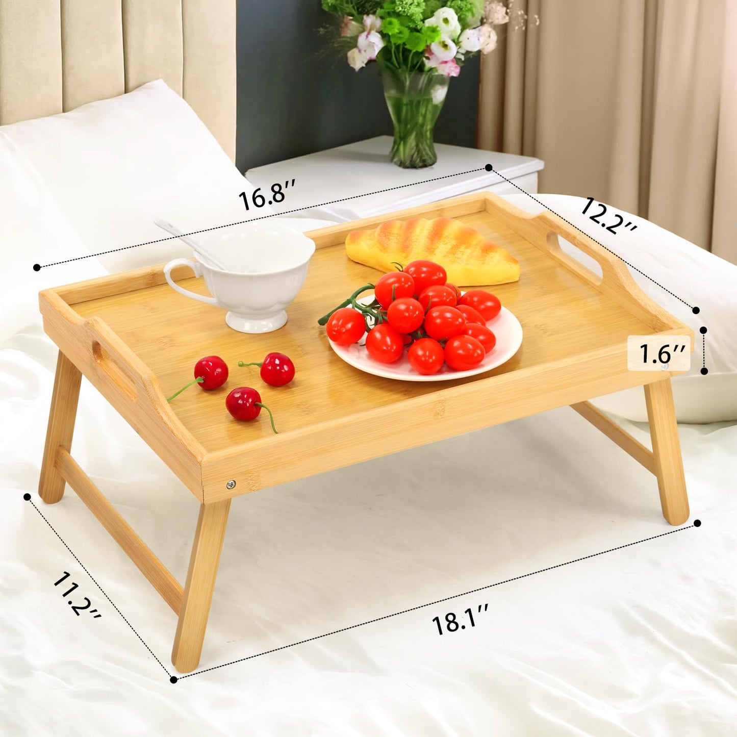 2 Pack Bamboo Bed Tray Table, Folding Legs and Handles, Breakfast Tray, Laptop Desk for Bed or Sofa, Serving Tray for Eating, Working, Reading,Picnic