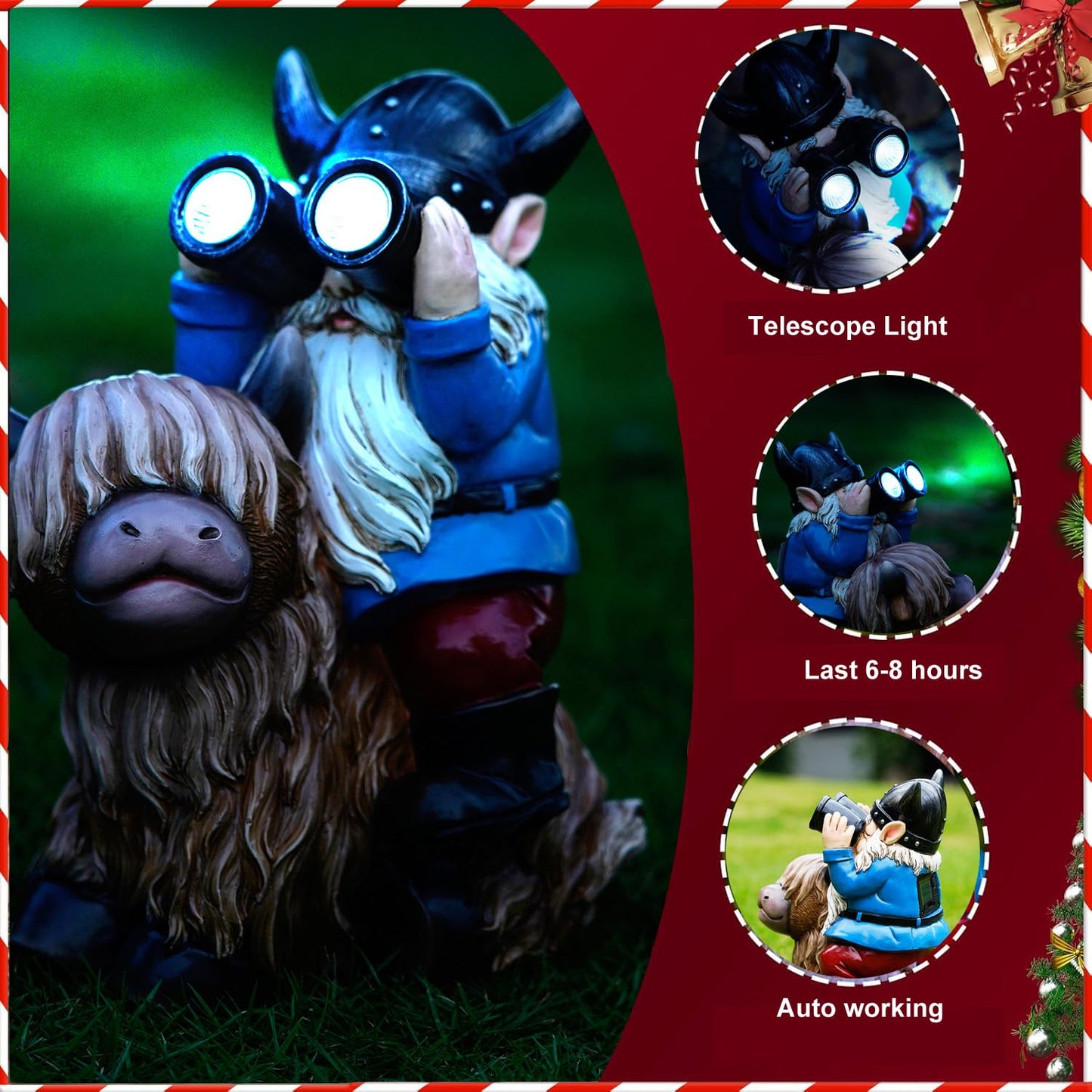 Joint Honglin Garden Gnome Statues Resin Gnome Sitting on Highland Cow Solar LED Lights Outdoor Telescope Gnome Decorations
