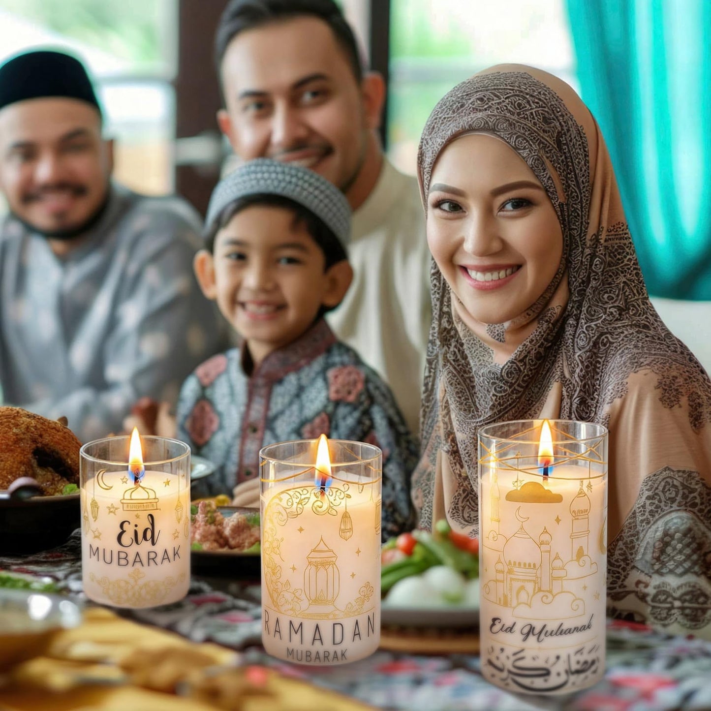 Huquary 3 Pcs Eid Mubarak Pillar Flameless Candles with Remote Ramadan Decorations Ramadan LED Flickering Candles Battery Operated Plastic Pillar Candlesticks for Eid Fit Gifts Home Decor, 3", 5", 6"