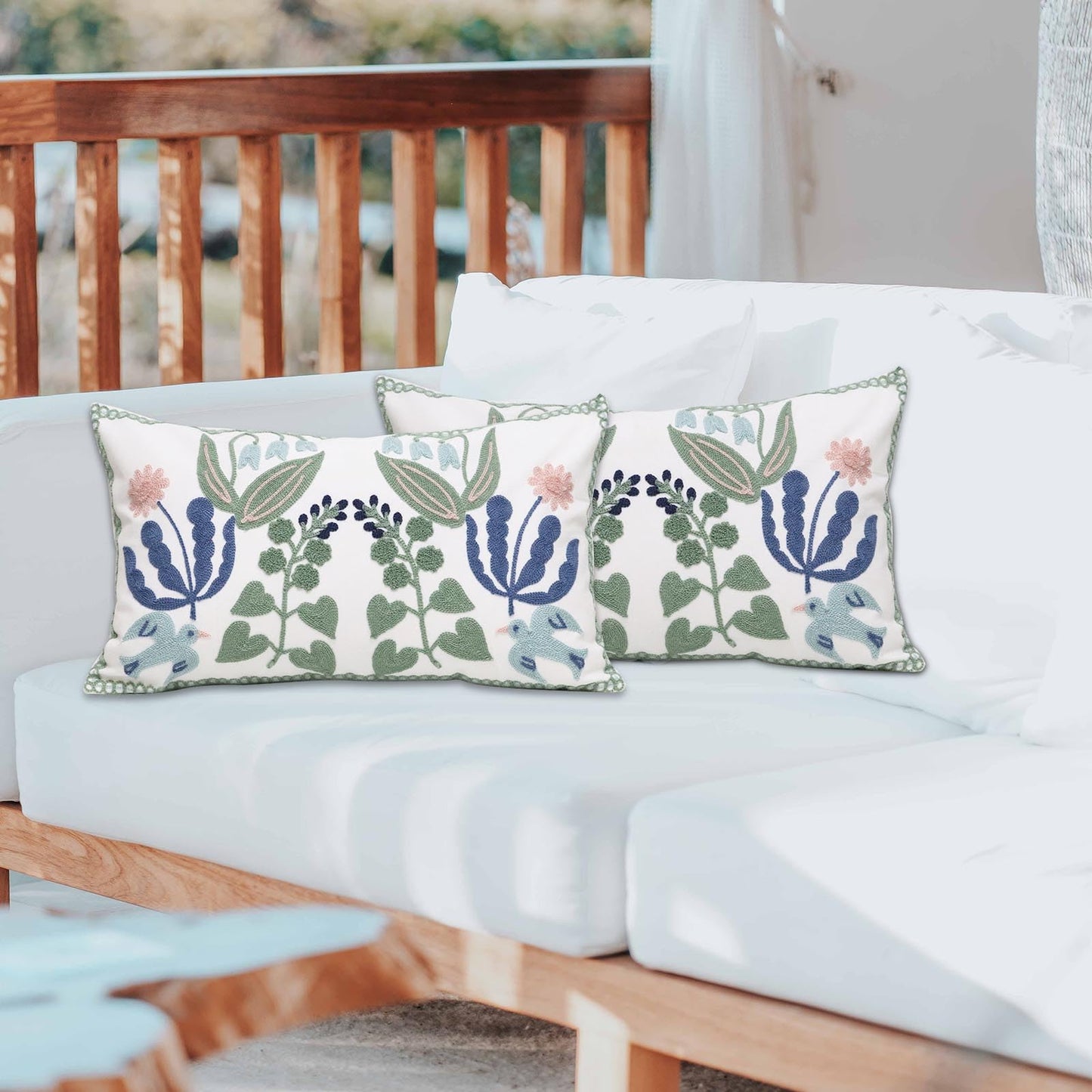 Pilmandu Pack of 2 Embroidered Decorative Throw Pillow Cover 18x18 Inch Farmhouse Floral Pillowcase for Living Room Sofa Bed (Bird Flower-Waist)
