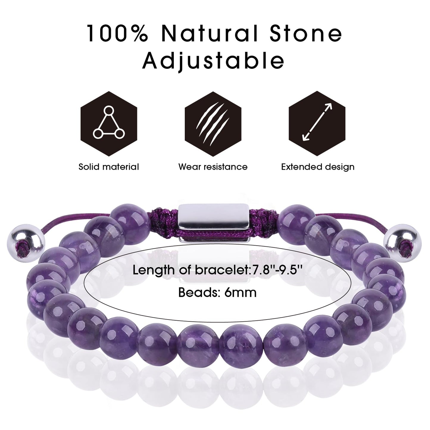 CARITATE Purple Amethyst Bracelet for Women 6mm - Beaded Bracelets for Women Amethyst Bracelet for Women Jewelry Adjustable - Anniversary Valentines Mothers Birthday Gifts for Her Girlfriend Wife