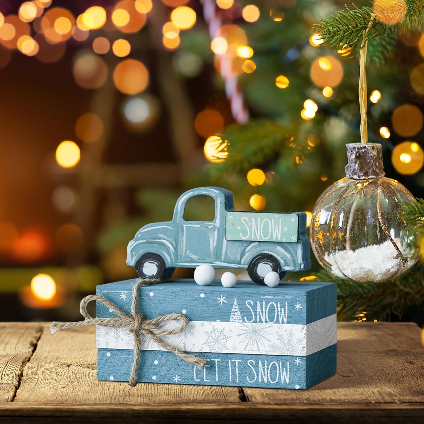 Smile Christmas Wooden Books Stack, Let it Snow Faux Books Bundle, Car Tiered Tray Decorations, for Home Table Mantle Shelf.