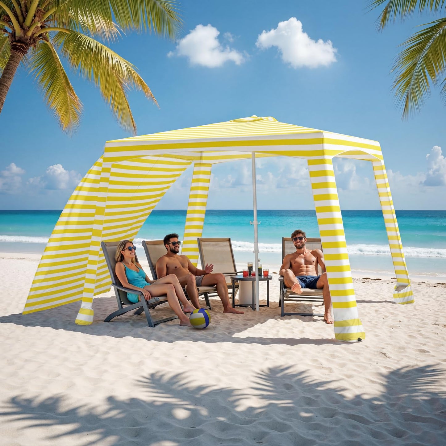 Beach Cabana-6.6x6.6’Beach Canopy with Side Wall,Portable Umbrella Tent with Sand Pockets for Family & Friends,Easy Up Beach Sun Shelter for Outdoor Patios,Backyards,and Camping,Yellow Stripes
