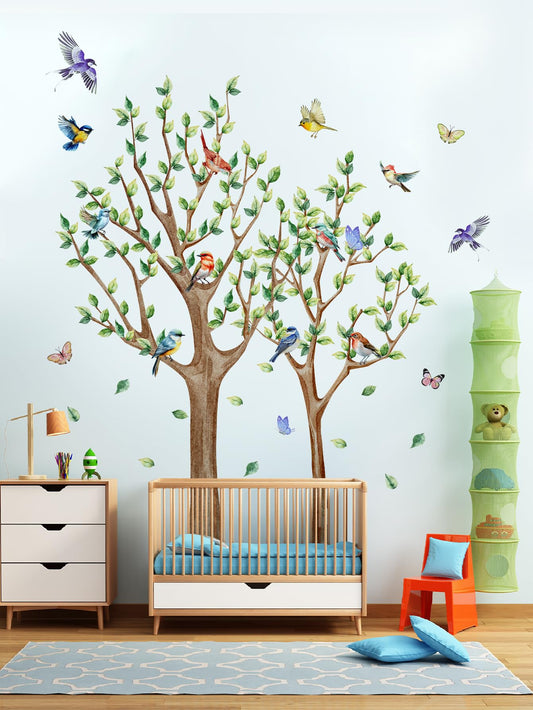 Tree Bird Wall Stickers - Green Flying Leaf Butterfly Vinyl Peel & Stick Removable Wall Art Decals Decorative for Living Room Kid Bedroom,83.54 cm x 78.79 cm
