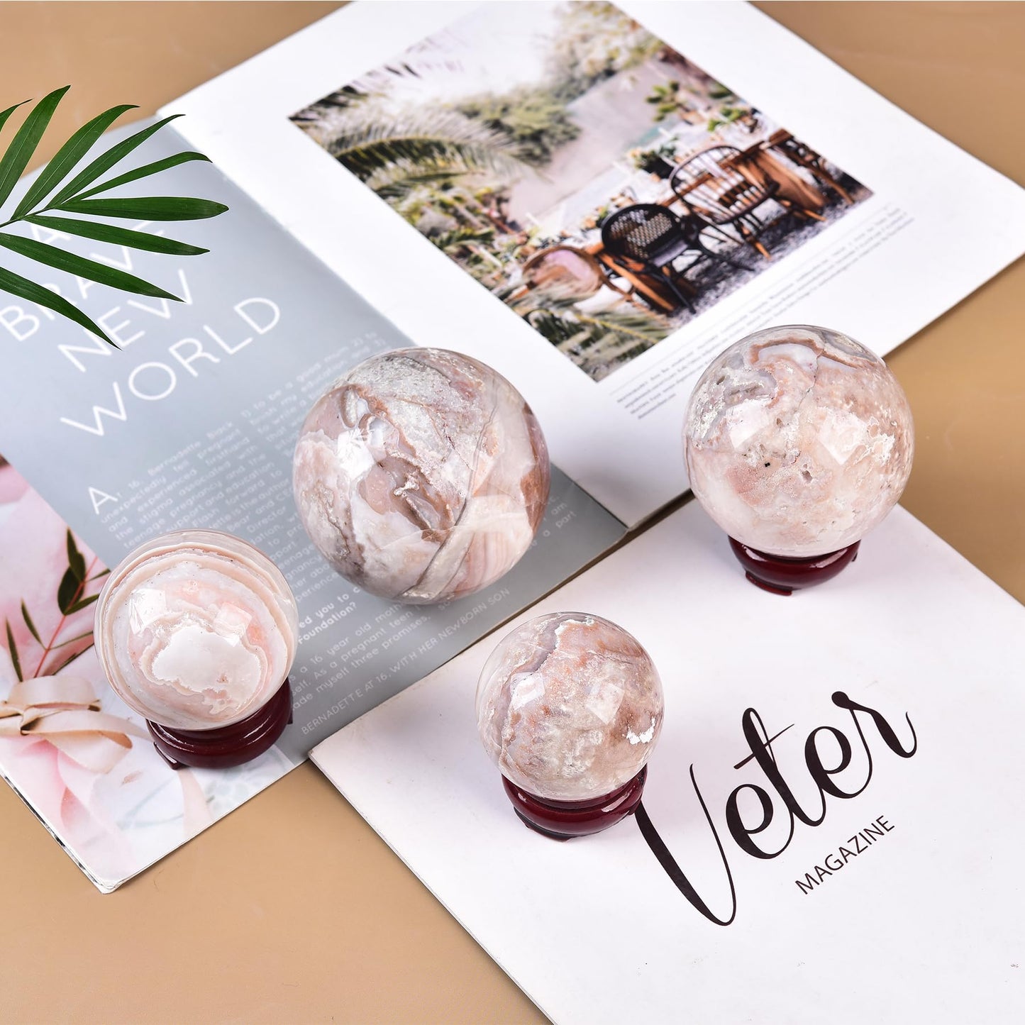 JIC Gem Natural Pink Agate Crystal Sphere Pink Crystal Decorative Ball with Wooden Stand Meditation Balls for Witchcraft Reiki Healing Gift 50-60mm