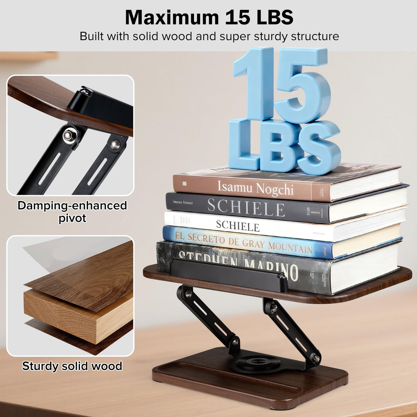UikJOY Book Stand with Light & Storage, Book Holders for Reading Hands Free, Wooden Cookbook Stand with Adjustable Height & 360 °Angle for Recipe,Magazine,Laptop,Tablet, Bible