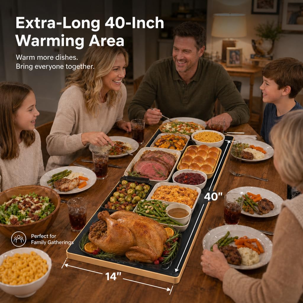 LIFENG Electric Warming Tray 40" x 14" – Glass-Top Full-Surface Food Warmer with 6 Temperature Modes & Timer, Warming Tray for Buffets, Parties, Sabbath, Holidays & Everyday Dining,Black