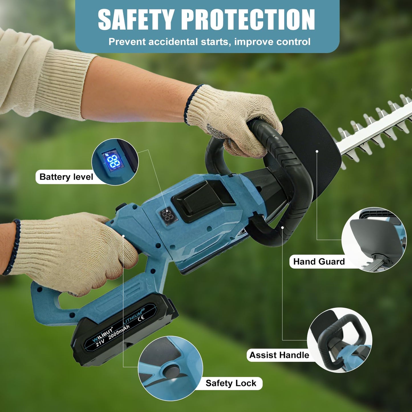 22'' Hedge Trimmer Cordless, Electric Handheld Bush Clipper with 180° Rotatable Handle, LCD Display, Brushless Motor, Battery Powered Bush Trimmer for Yard, Garden, 2 * 2.0 Batteries & Charger, Blue