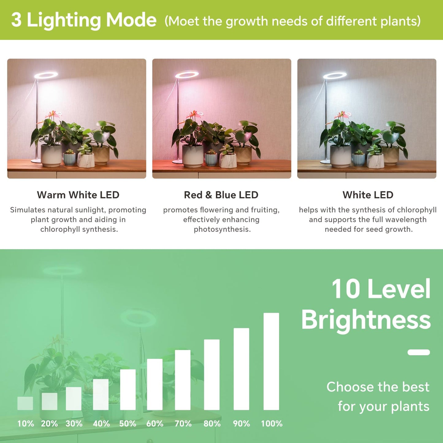 GTRUIIDY Desktop Grow Light, Height Adjustable Grow Lights for Indoor Plants Full Spectrum, 3 Lighting Mode, Halo Grow Light with Timer, Plant Lights for Indoor Growing (White)