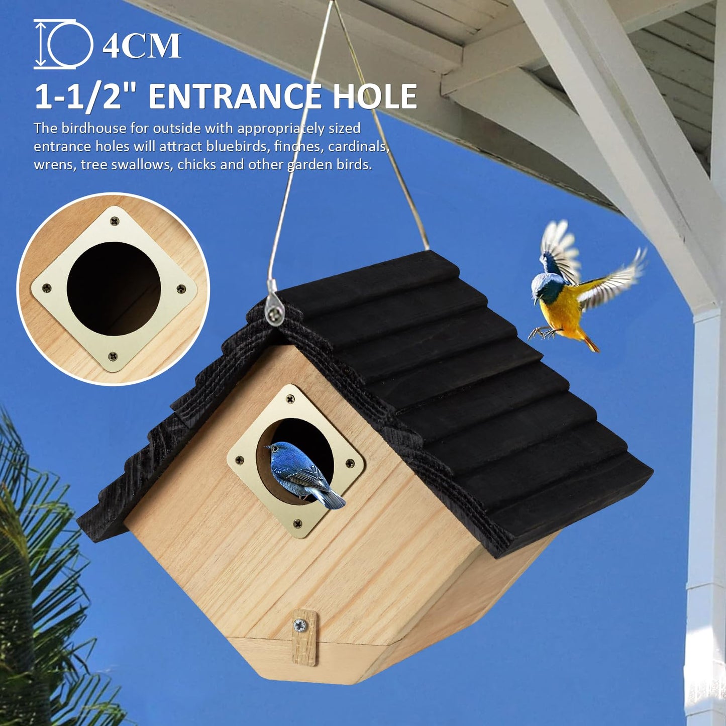 NATUREYLWL Bird House for Outside, Outdoor Bird Houses for Bluebirds, Finches & Cardinals, Wooden Birdhouse with Easy Clean Design, Hanging Birds Nest Box for Garden Decoration (8.6 x 5.9 x 7 Inch)