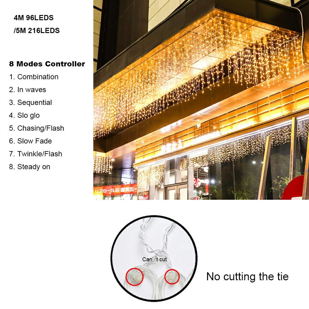 ZIMINGU Icicle Diwali Lights Outdoor, Christmas Hanging Window Curtains Dangling 16.4FT 216LEDs 8 Modes Weeping Willow Ceiling Fairy String Lights, Warm White, 5M
