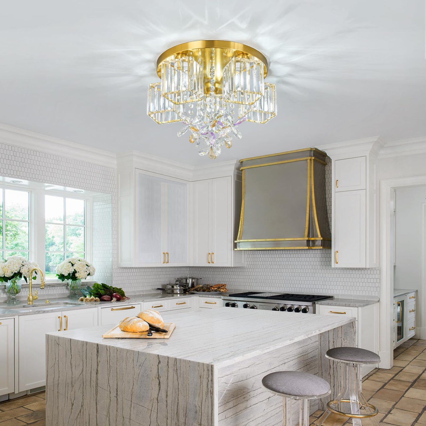 zhllmq 5 Light Gold Crystal Ceiling Light Flush Mount Ceiling Light Crystal Close to Ceiling Light Fixtures for Living Room Bedroom Kitchen Hallway