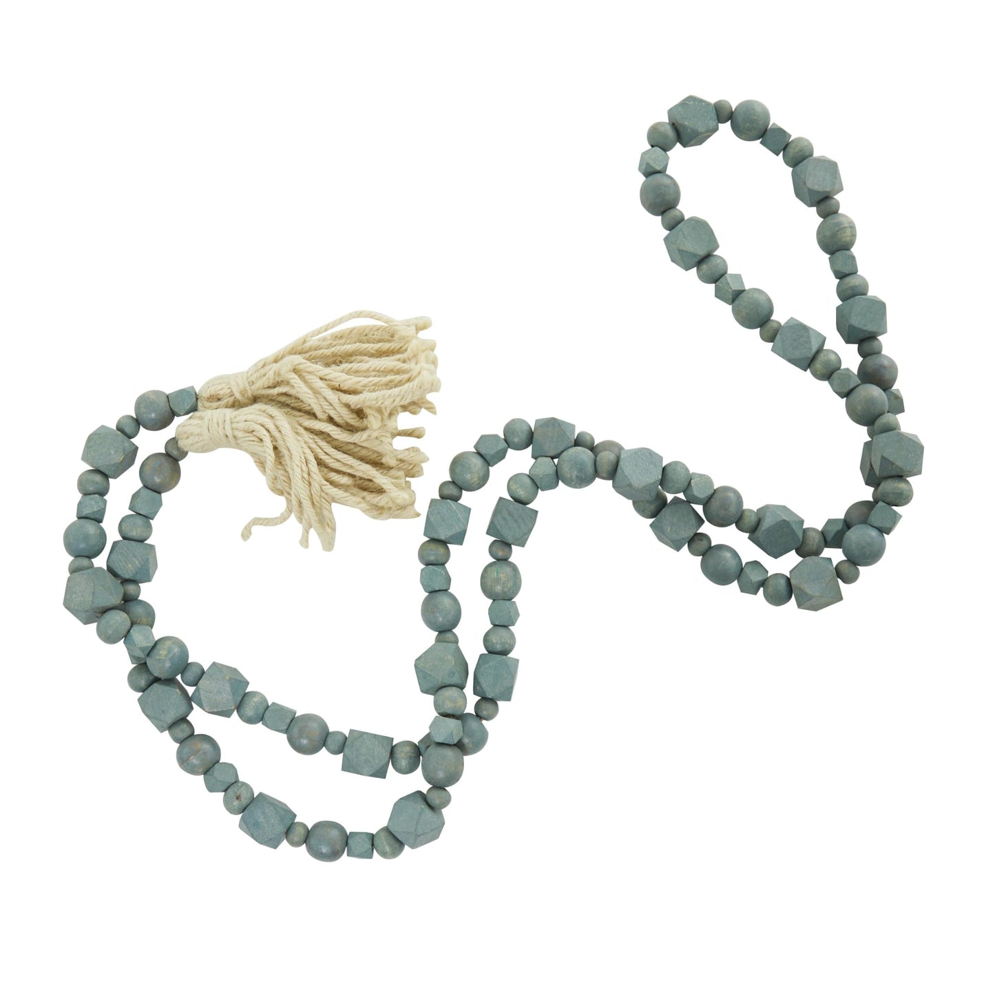 Deco 79 Mango Wood Handmade Hexagon Carved Geometric Long Beaded Garland with Tassel, 80" x 1" x 1", Blue