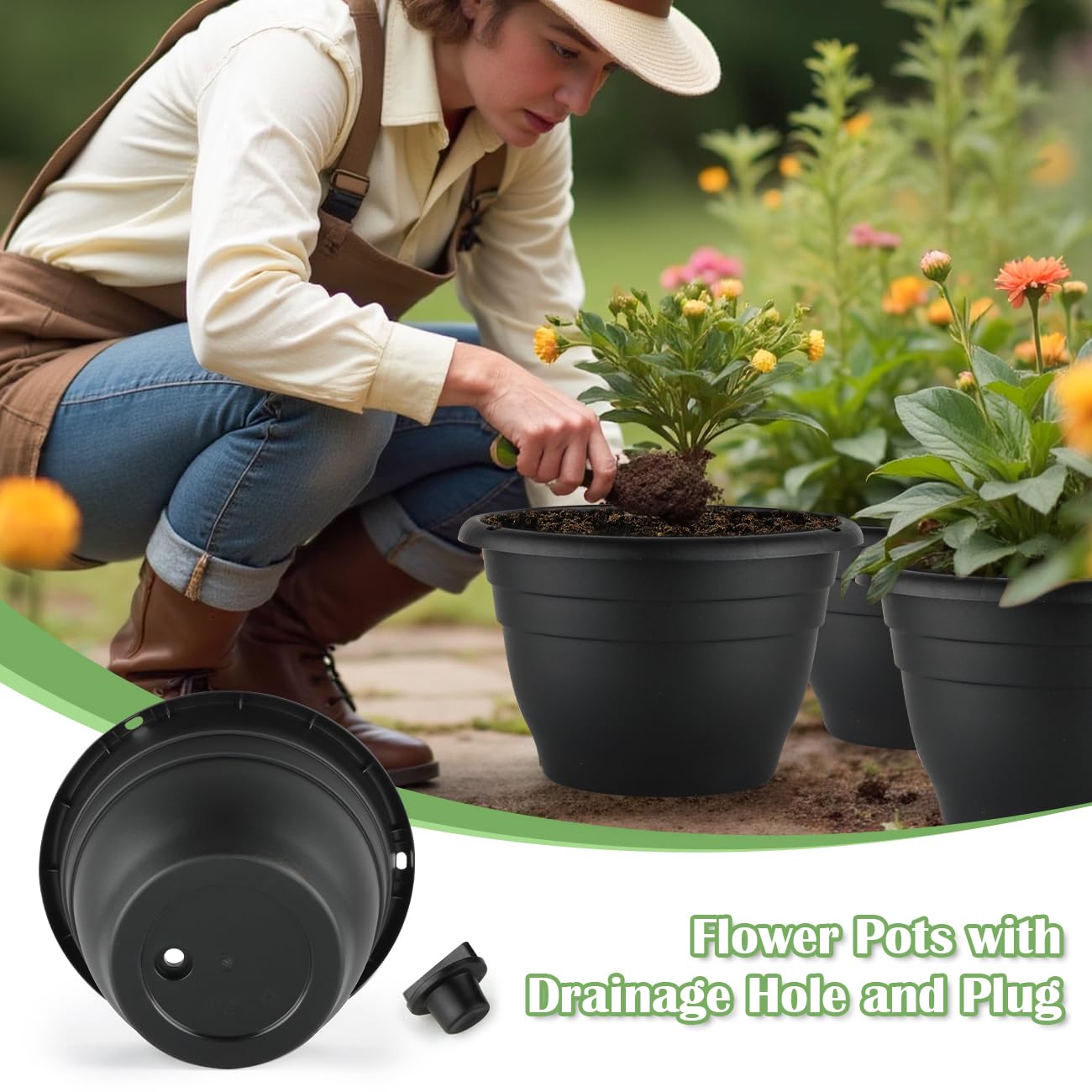 RooTrimmer 3 Pack 11 Inch Plant Pots for Indoor Outdoor,Plastic Floor Planters with Drainage Holes,Lightweight Durable Flower Pots for Home,Patio & Garden(Black)
